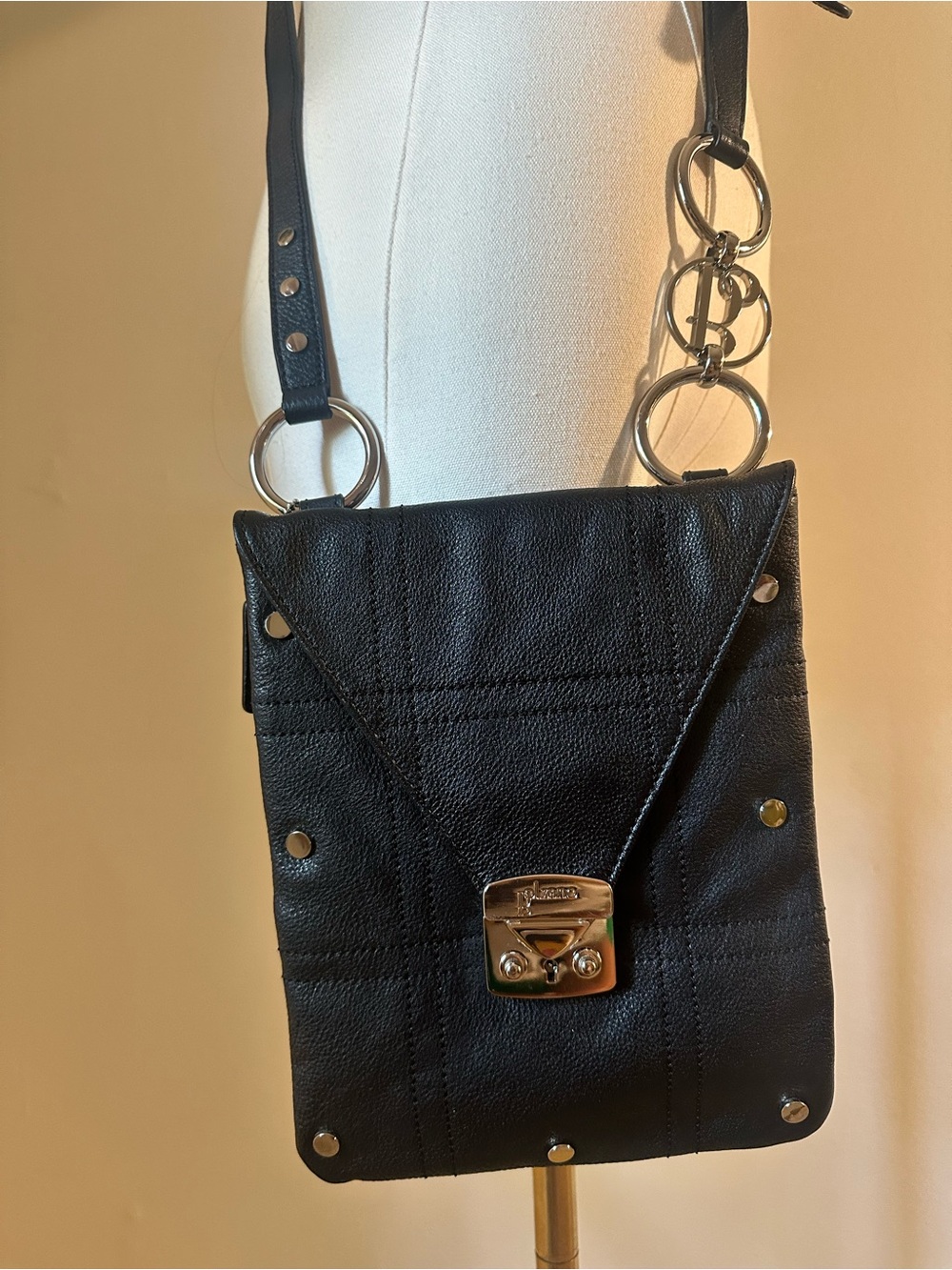 Bolzano Black Soft Leather Crossbody Bag Silver Hardware Studded Y2K - Picture 12 of 14